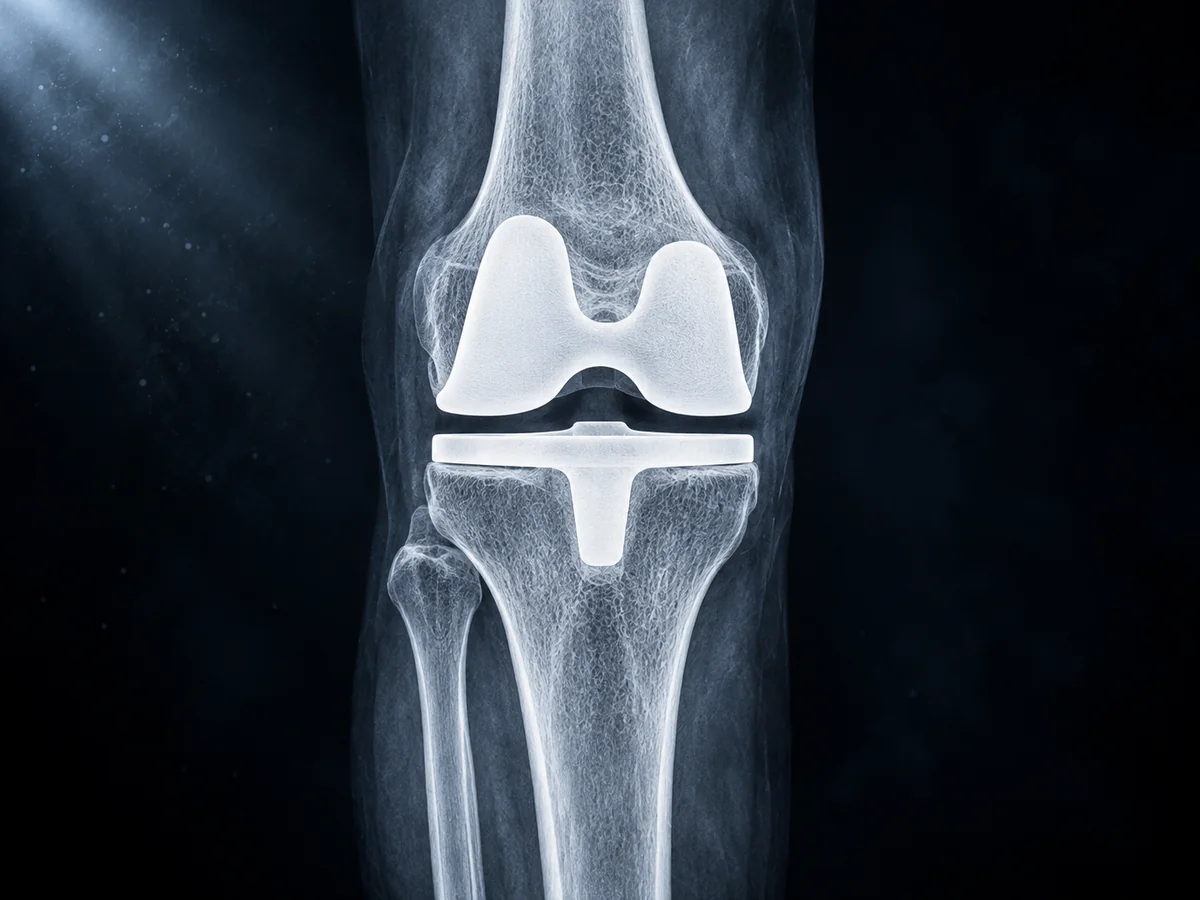 A front-on X-ray after knee replacement, the metal components bright against the bone.